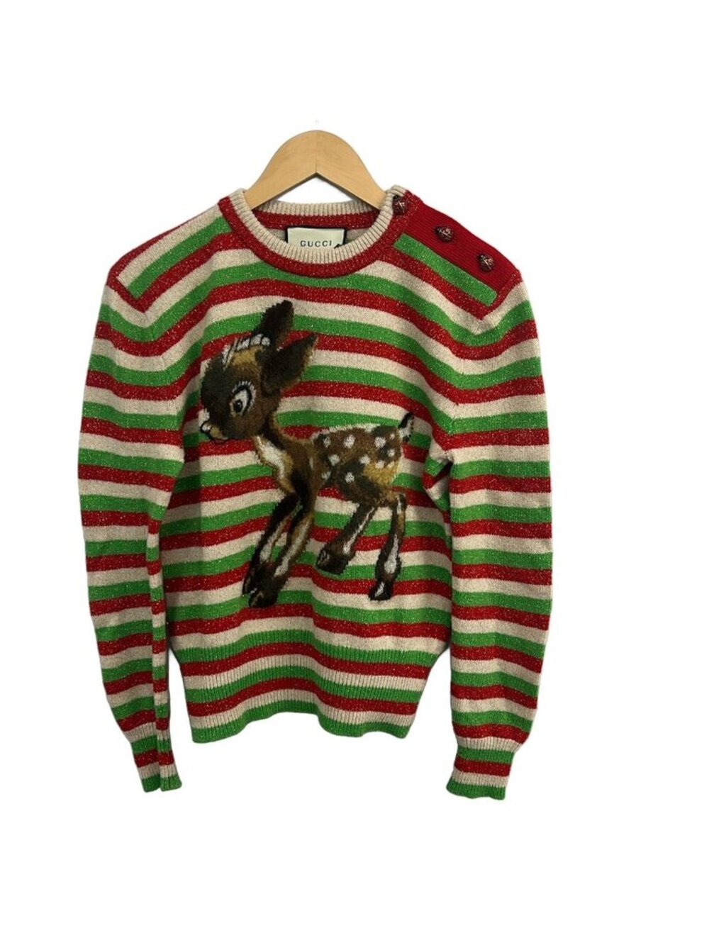 Gucci Long Sleeve Sweater Beige Green Multi Glitter Bambi Ladybug Button XS